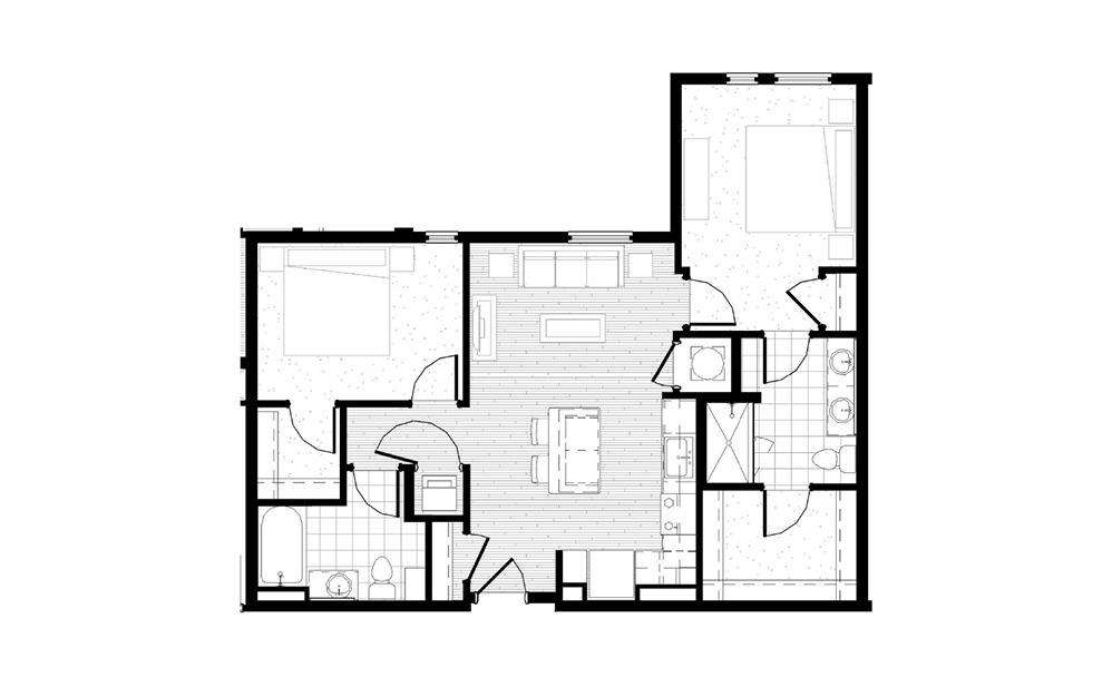 B2 - 2 bedroom floorplan layout with 2 baths and 985 square feet.